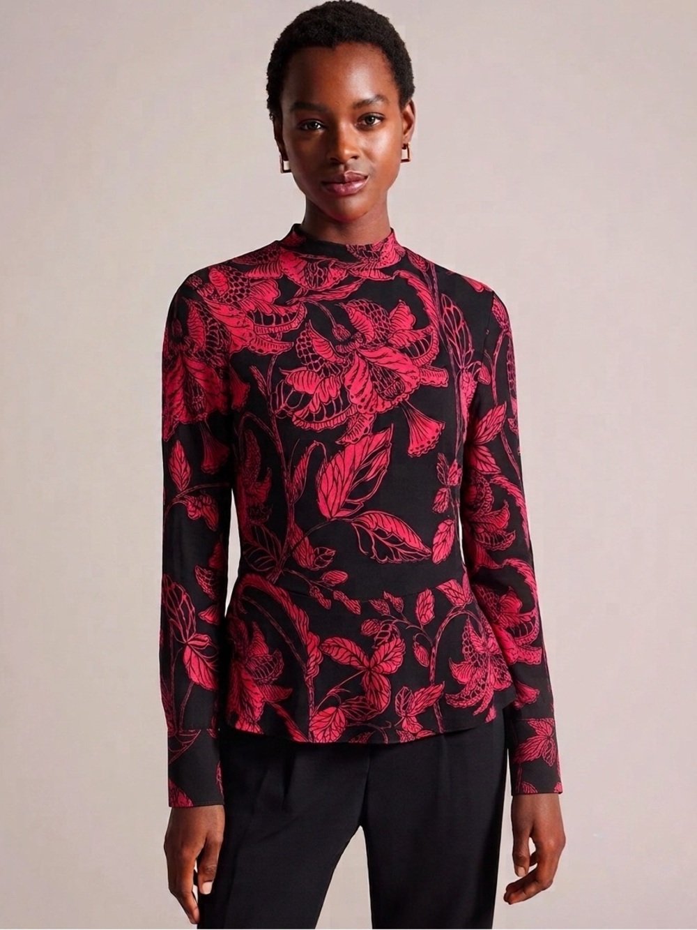 TED BAKER Women's Abyiaah Fitted Floral Long Sleeve Top - Black/ Red, Small
